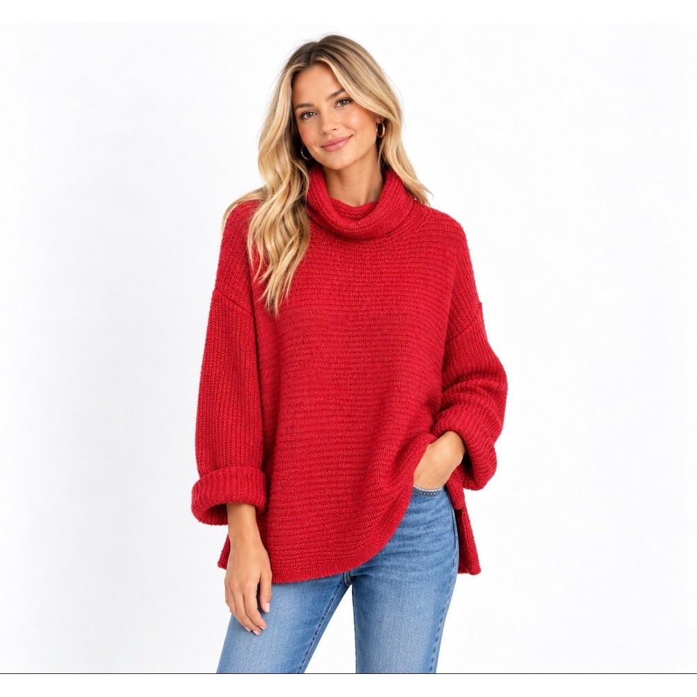Pilcro Anthropologie Red Cowl Neck Pullover Sweater Small Oversized Chunky Knit